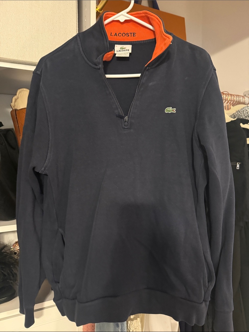Lacoste Men's Navy Zip-Up Pullover with Orange Collar Trim